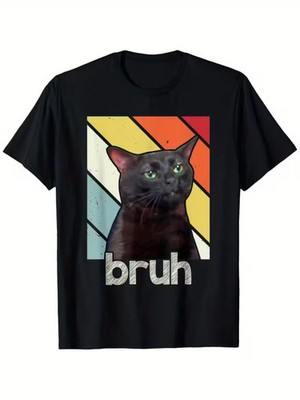 Bruh with Cat Funny Meme Saying T-Shirt for Boys - Soft Fabric, Breathable, Comf
