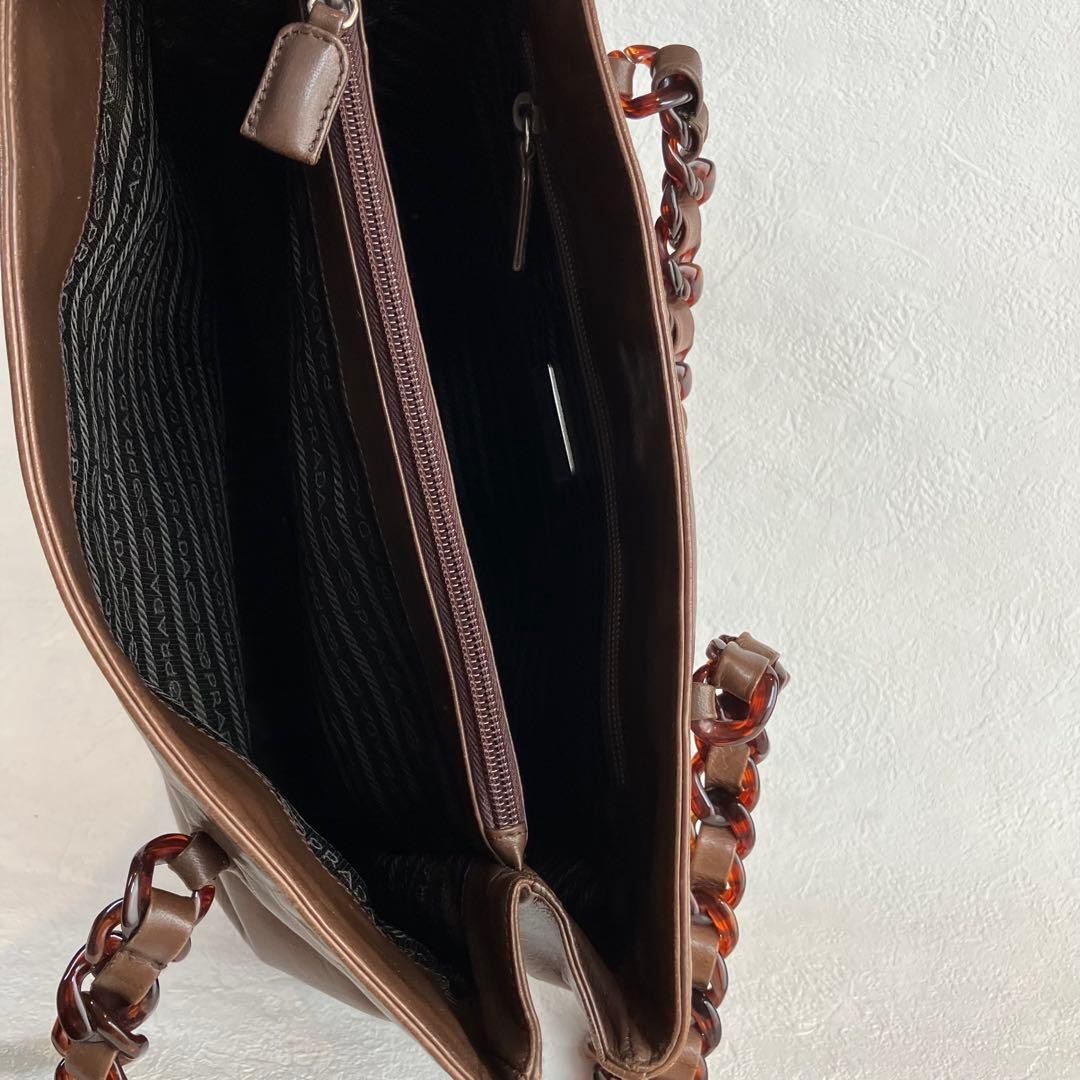 PRADA Logo Leather Tortoiseshell Chain Shoulder Bag Brown thumbnail 10