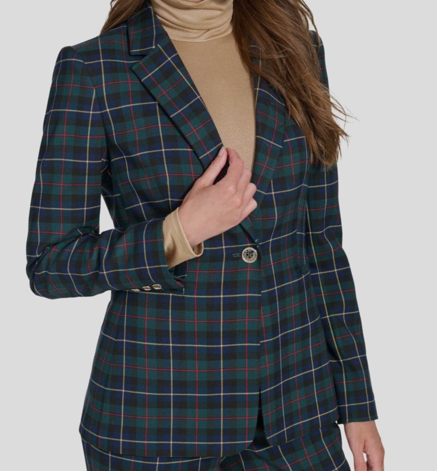 Tommy Hilfiger Women's Green Slim-Fit Checked Blazer Jacket Coat Size 2