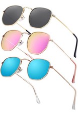 3 Unisex Hexagonal Gold Metal Frame Black Mir...