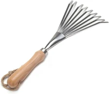 9 Tines Fan Lawn Leaf Hand Rakes Stainless Steel Beech Handle Soil Tille Garden