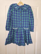 Vintage 90s Dress Girls Sz 6X Blue Green Plaid Gingham Embroidered Flowers