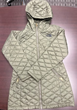 EUC The North Face Girls Quilted Hooded Jacket Olive Green Full Zip Sz M 10/12