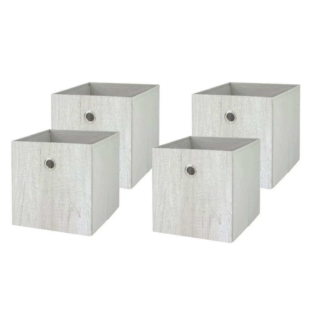 Collapsible Fabric Cube Storage Bins, Gray Wood, 4 Pack, 10.5 x 10.5 x 10.75 in