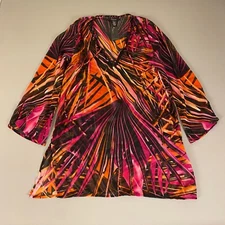 Cejon Cover-Up Tunic Top XL Palm Print Sheer Orange Pink Beaded V-Neck NWT
