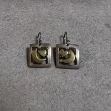 Vintage Bi-Metallic Sterling Silver And Brass Moon And Heart Earrings Signed