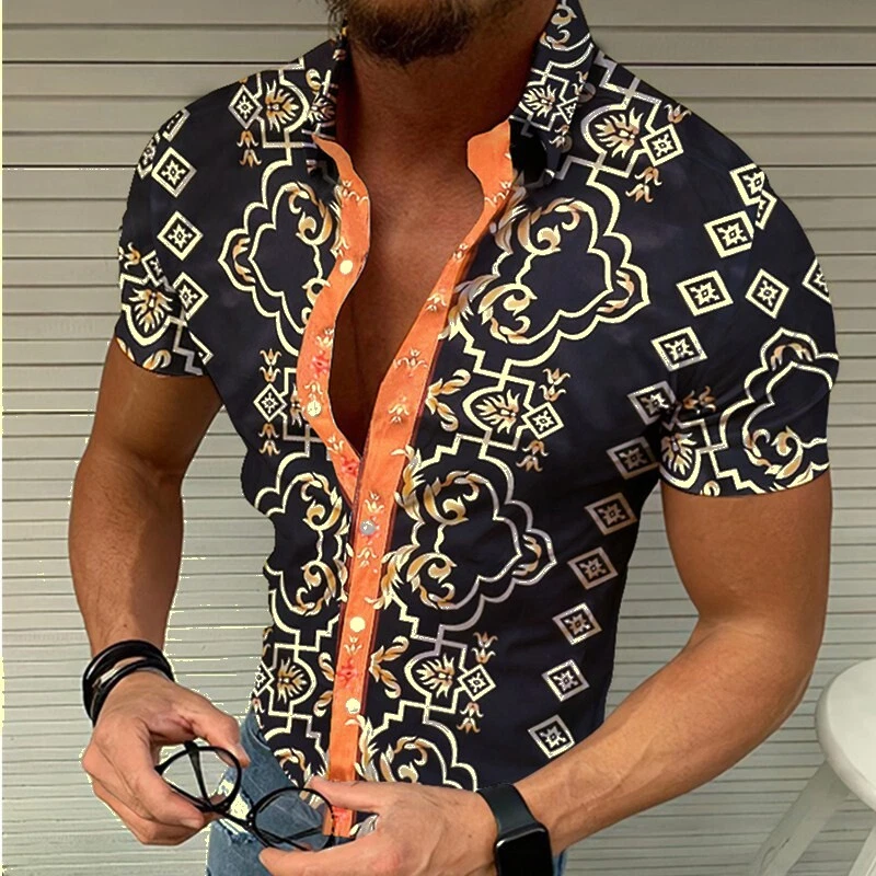 Button Down Shirt Men Black Hawaiian Dress Short Sleeve Casual Baroque Vintage T