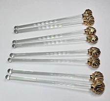 Glass Drink Stirrers Swizzle Sticks Gold Shell Tops Set of 8 Barware