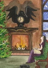 ACEO CROW RAVEN PRINT OF PAINTING XMAS HALLOWEEN BLACK CAT WITCH folk art pagan