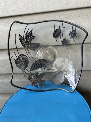Vintage Maple Fall Leaves Silver Overlay Glass Decorative Console Bowl 11"