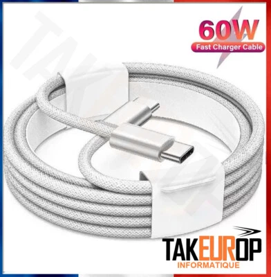 TAKEUROP GENERIC 60W Câble 1m ou 2m Nylon USB-C Charge Rapide for iPhone 16/15/iPad/Mac/Samsung