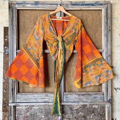 2 Pcs lot of Indian Vintage Silk Sari Bell Sleeve Crop Top Retro 60s Clothing