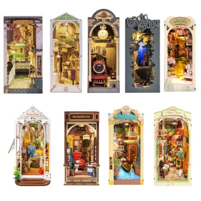 Robotime Book Nook DIY Dollhouse Bookends Model Kit LED Bookshelf Decor Kid Gift