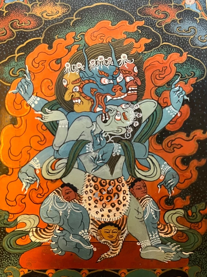 Thangka tibetano pintado en cuerno Yamantaka en unión padre-madre Foto 2 de 4