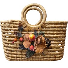 Handcrafted Woven Grass Reed Tote Handbag 16 x13 x 6 Floral Accent Summer