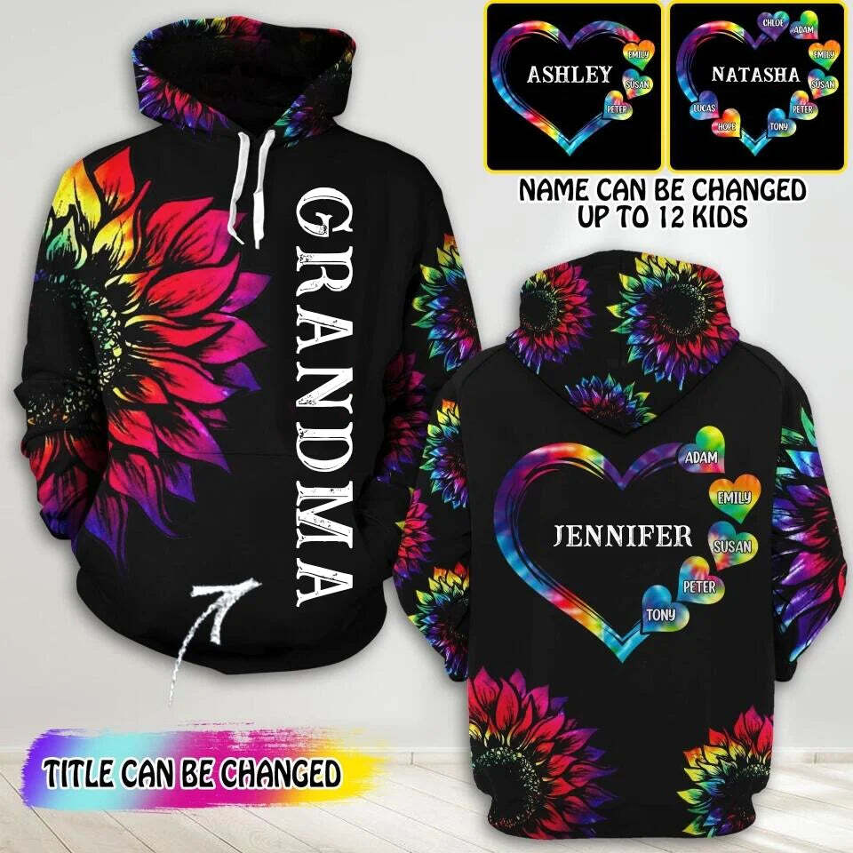 Personalized Grandma Kid Sunflower Hoodie 3D Printed, Grandma Hoodie 3D Gift