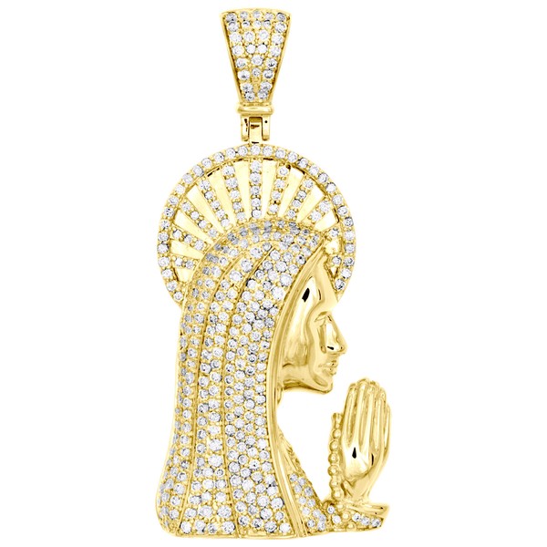 "10K Gelbgold Rund Diamant Jungfrau Maria AnhäNger 1,8\" Pave Charm 1,40 Ct"-image