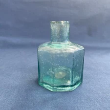 Antique Ink Bottle Dark Aqua Color Eight Sided Sheared Top 2 3/4" Tall