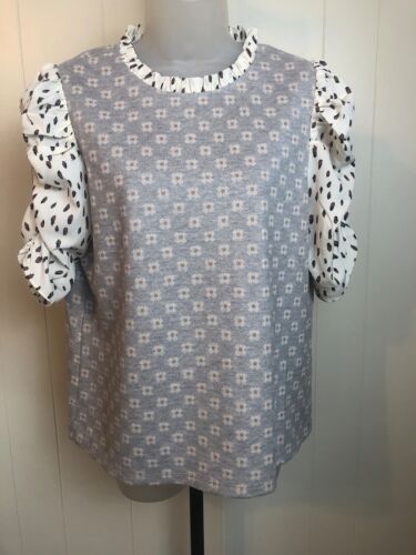 THML Anthropologie L Top Floral Ruched Puffed Sleeve Ruffle Collar Cottagecore
