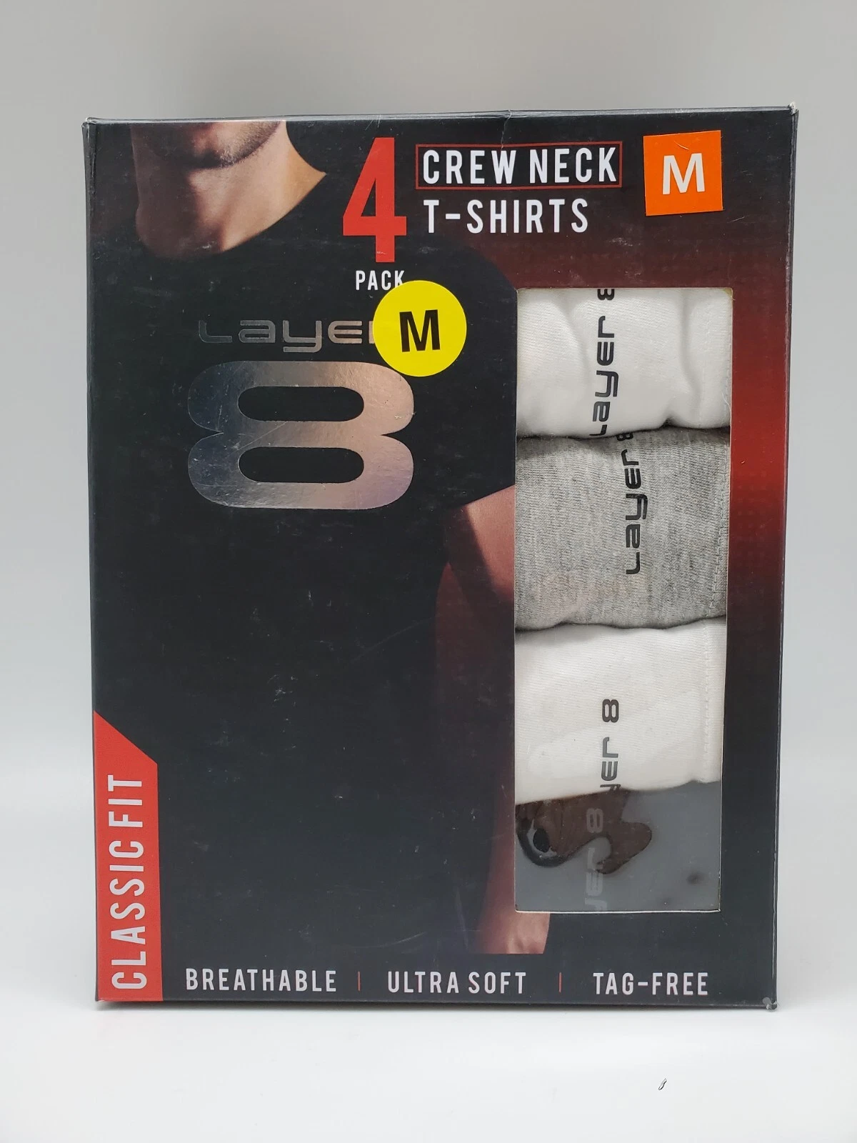 LAYER8 Classic 4Pc Crew Neck S-XL T Shirt Tag-Free Soft Cotton Black/Gray/White