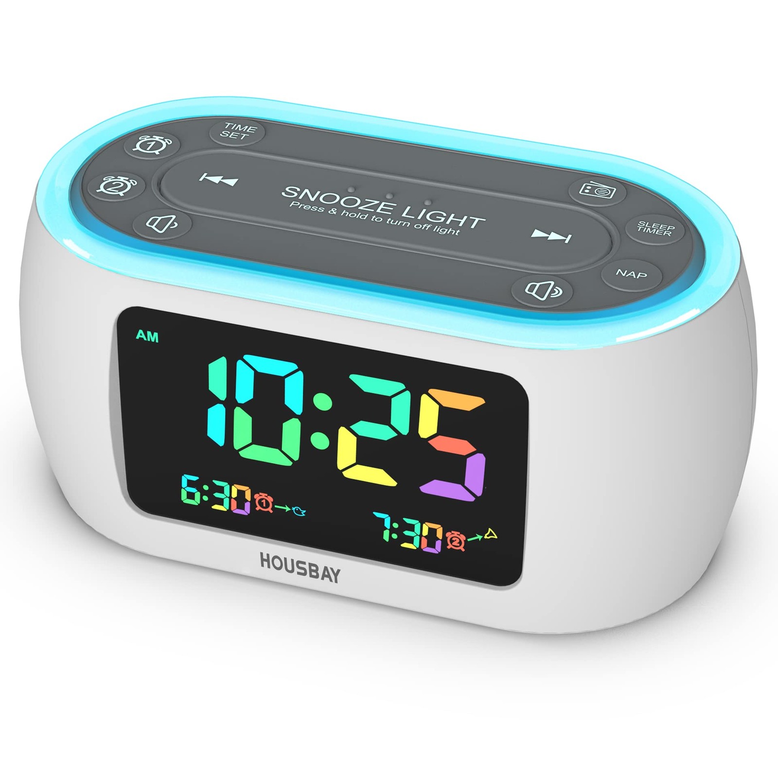 Glow Small Alarm Clock Radio for Bedrooms with 7 Color Night Light, Dual Alarm,