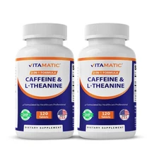 2 Packs Vitamatic Caffeine Pills with L-Theanine-300 mg per Tablet - 120 Tablets