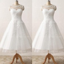 Wedding Dress Tea-Length Sheer Illusion Neckline with Lace Applique Bridal Gown