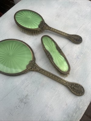 Art Deco hellgrün Vintage Guilloche Schminktisch Schminktisch, Spiegel & Bürsten Set