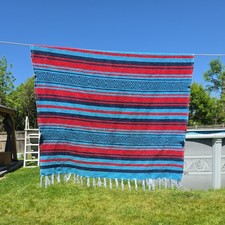 Vtg Authentic Mexican Falsa Woven Blanket Southwest Colorful Throw 72  x48  