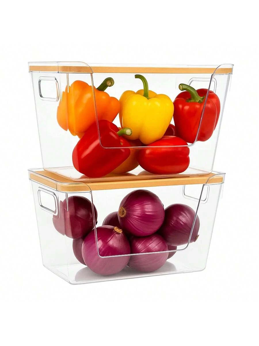 2x Clear Stackable Pantry Storage Boxes With Lids Kitchen Organiser Vegetable
