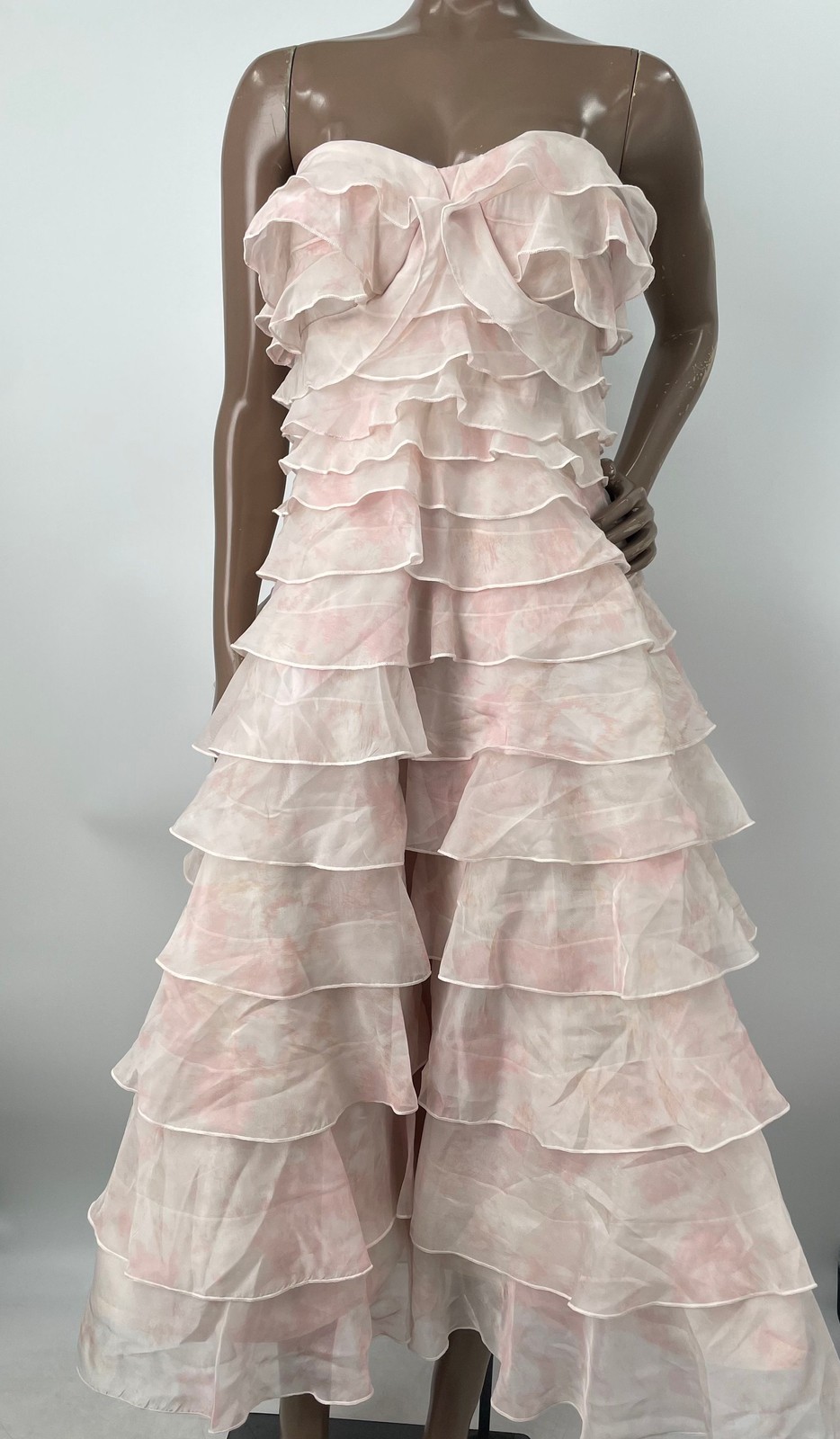 BHLDN Womens Midi Dress Ivory/Pink Size 2 Tiered Ruffled Lined Strapless A-Line