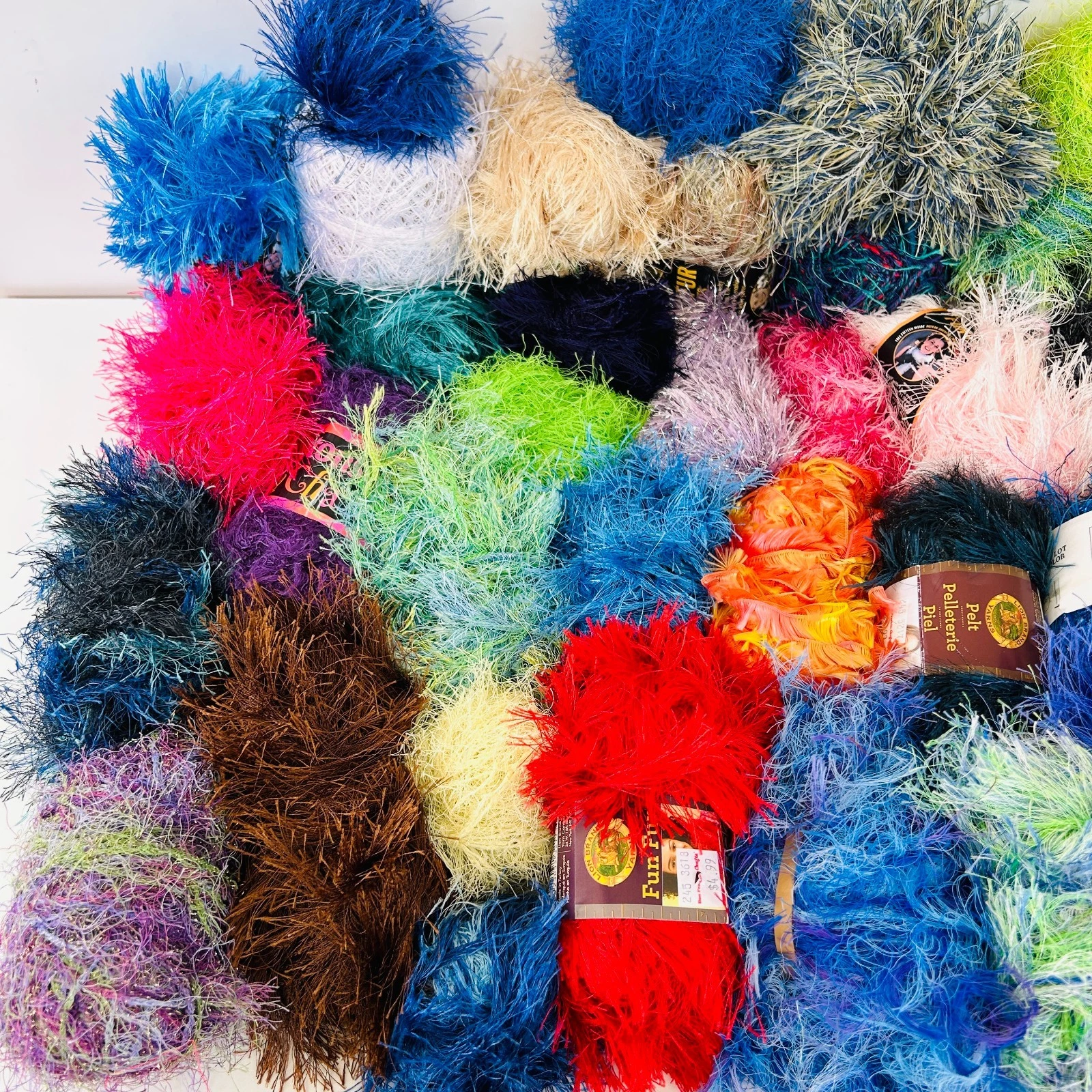 Huge Yarn Lot 40+ Balls Fun Fur Eyelash Assorted Brand Colors Craft Bulk VTG image 2