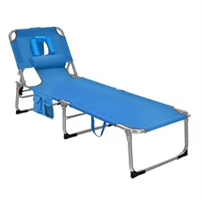 Goplus Outdoor Beach Lounge Chair Folding Chaise Lounge with Pillow Blue