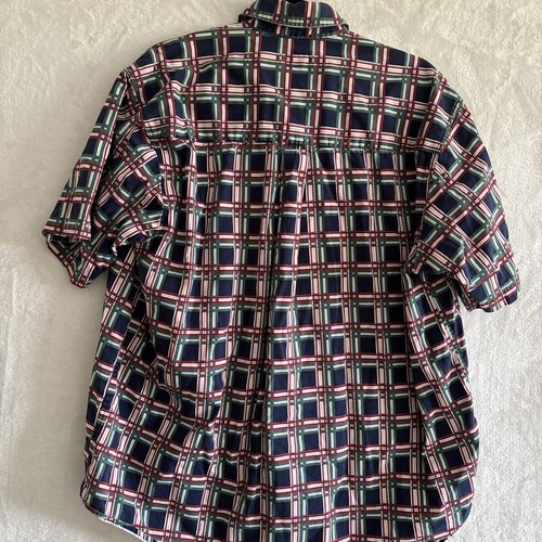 Vintage TRADER BAY Shirt Large Blue 90s Short Sleeve Y2K Modernist Plaid Cotton - Picture 7 of 7