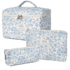 Makeup Bag,Quilted Cosmetic Bag,Large Floral Make Up Bag for Women,Cotton Mak...