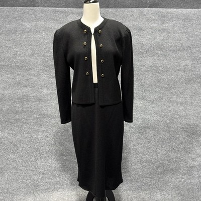 Vintage Acappella Skirt Suit Set Womens 14 Black Wool Knit Gold Buttons 80s