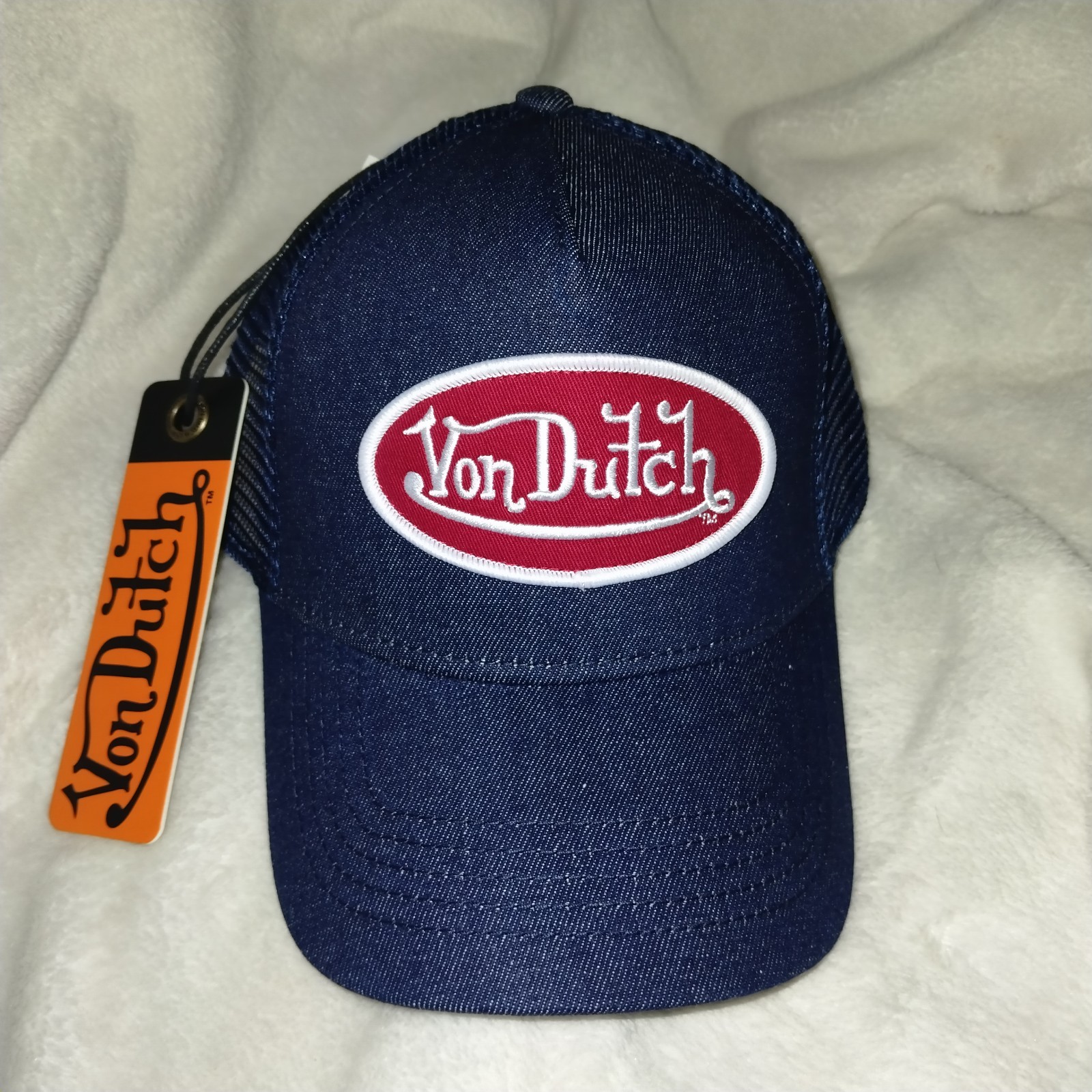 Von Dutch Hat Dark Blue Denim Red/White Logo Patch Trucker Mesh SnapBack Cap NEW