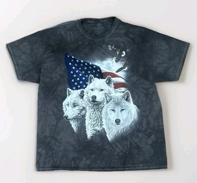 The Mountain T Shirt Patriotic USA America Flag Three Wolves Eagle Gray Mens 2XL