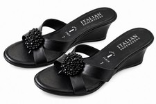Italian Shoemakers Sandals Women Size 7 Black Embellished Pom Slide On Wedge