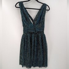 NWT LULU'S Dress Womens Small Blue Ailey Skater Deep V Twist Back Metallic Mini
