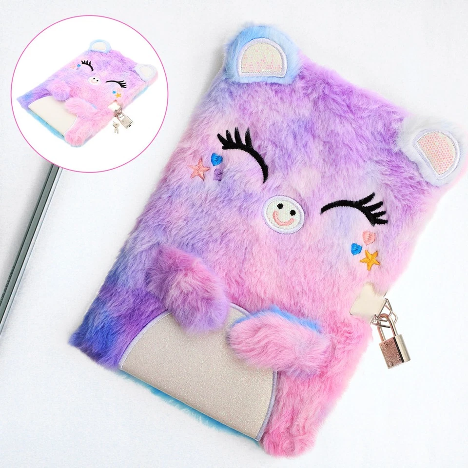 Girls Notebook Lock Key Diary with Child Plush Cover for Writing - Image 4 of 4