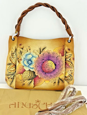 NEW Anuschka Leather Slim Shoulder Bag Purse Braid Strap Fall SUNFLOWER Feather
