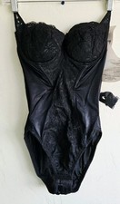 Vtg 80s Lilyette Black Lace Satin Bodysuit Shapewear Teddy Multi Strap 34B 34 B