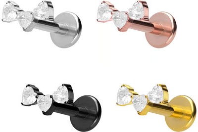 PIERCINGLINE  Piercing Stecker Titan Labret mit Push Fit 3 KRISTALLHERZEN