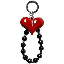 Red Heart Phone Charm Strap Black Beaded Phone Lanyard Cute Bag Charms for Ha...