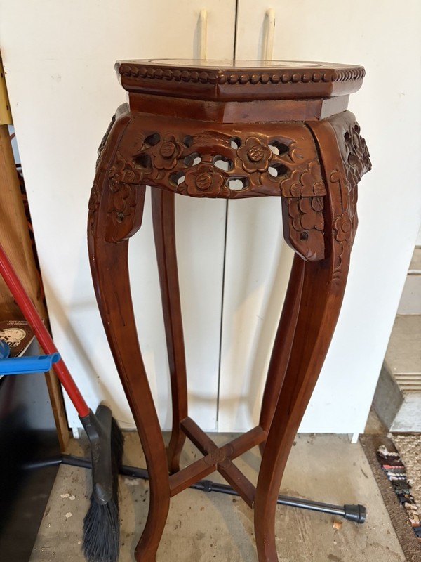 Carved Wood Pedestal Plant Stand, Brown Hexagonal Top, Asian Style