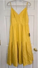 Lulus | A-Line Swiss Dot Midi Dress Yellow | L