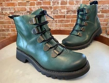 FLY London Petrol Green Leather Roji Biker Combat Boots 38 7-7.5 New Hiker