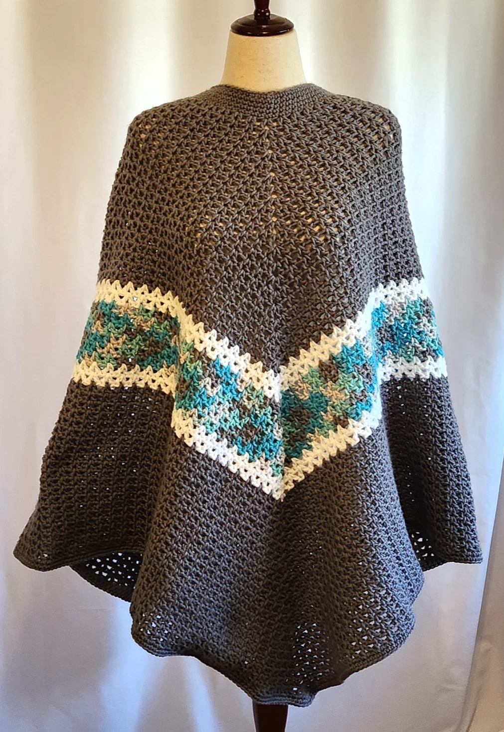 Handmade Multicolor Crochet Poncho Gray & Teal