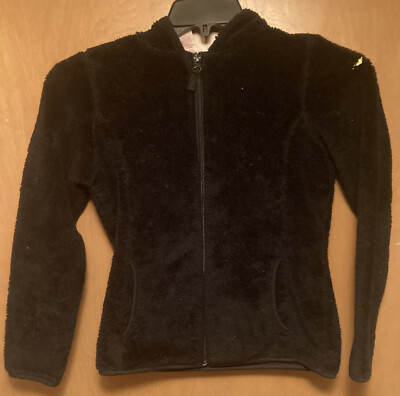 Faded Glory Black Fuzzy Furry Fleece Jacket  Full Zip Size L (12-14) Long Sleeve